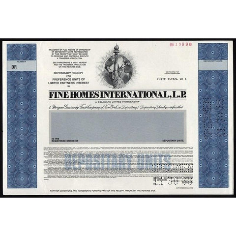 Fine Homes International, L.P. (Specimen) Stock Certificate