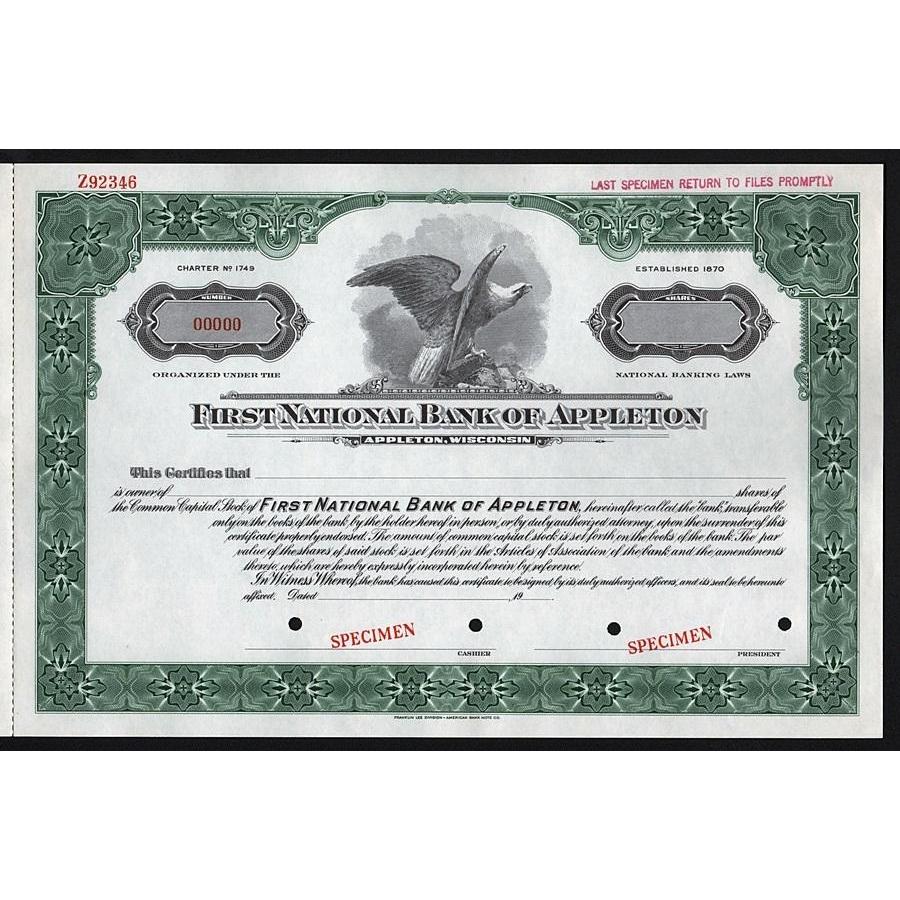 First National Bank of Appleton (Wisconsin) - Specimen Stock Certificate