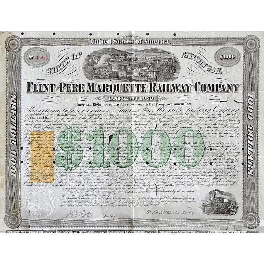 Flint and Pere Marquette Railway Company, Land Grant Bond Stock Certificate