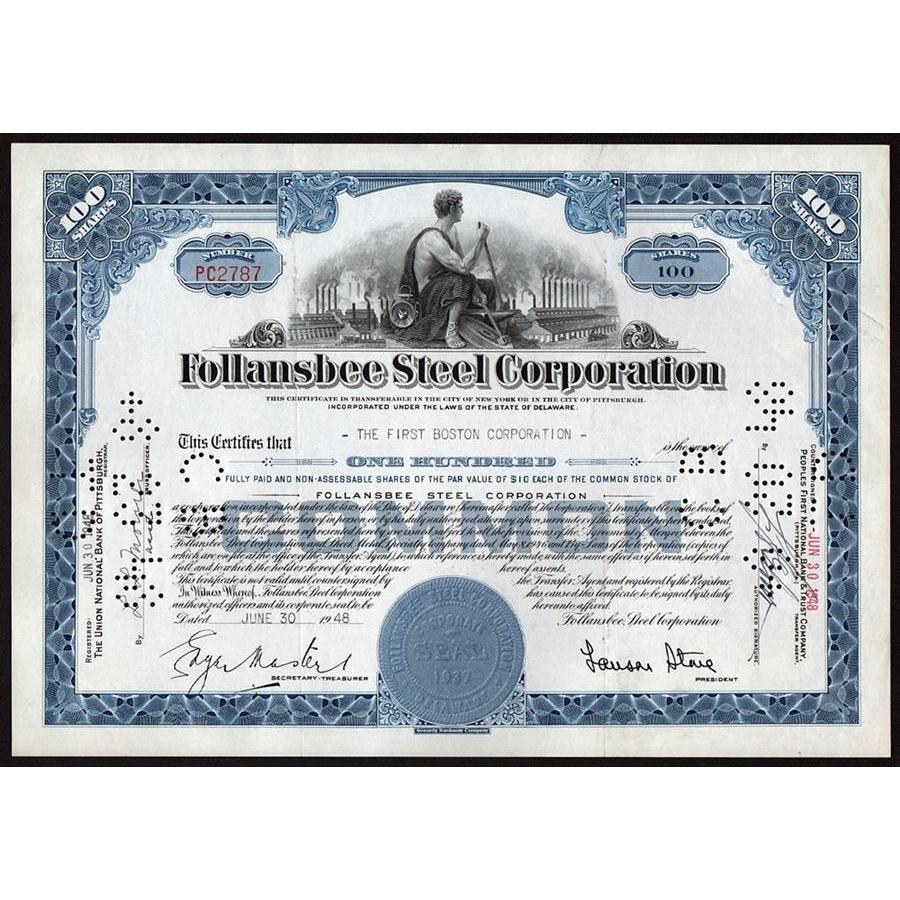 Follansbee Steel Corporation Stock Certificate