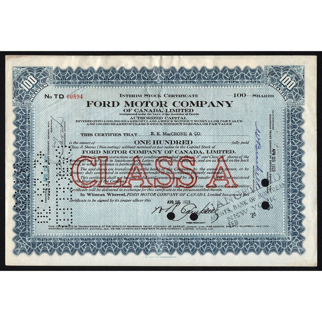 Ford Motor Company of Canada, Limited 1929 Stock Certificate