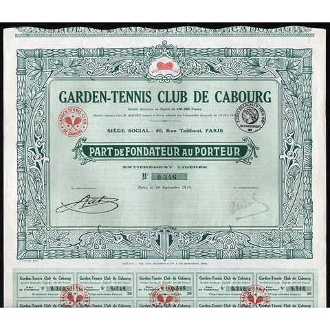 Garden-Tennis Club de Cabourg Stock Certificate