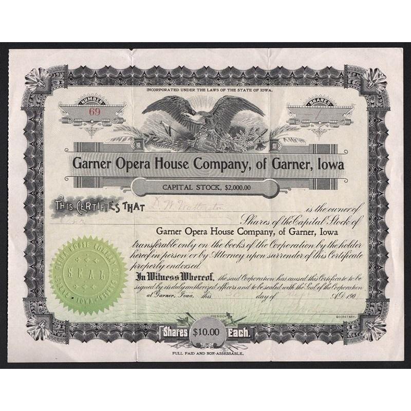 Garner Opera House Company, of Garner, Iowa Stock Certificate