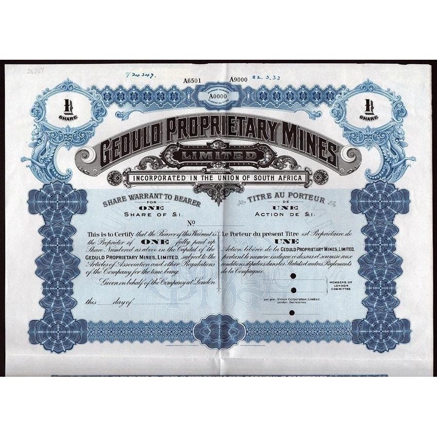 Geduld Proprietary Mines Stock Certificate