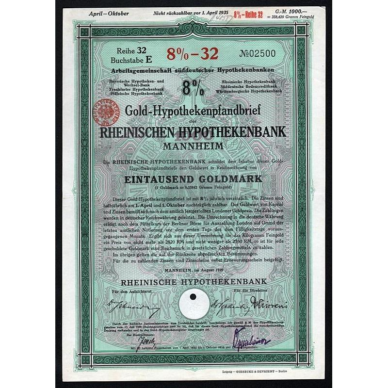 Gold-Hypothekenpfandbrief der Rheinischen Hypothekenbank Mannheim Stock Certificate