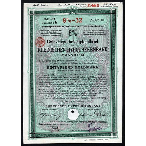 Gold-Hypothekenpfandbrief der Rheinischen Hypothekenbank Mannheim Stock Certificate