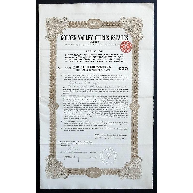 Golden Valley Citrus Estates, Limited South Africa 1924 Natal Bond Certificate