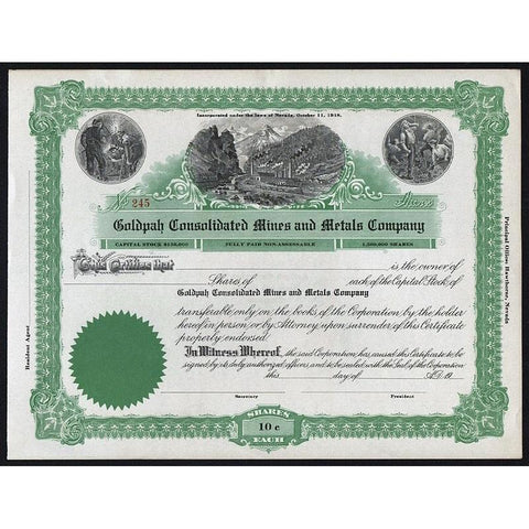 Goldpah Consolidated Mines and Metals Company Stock Certificate