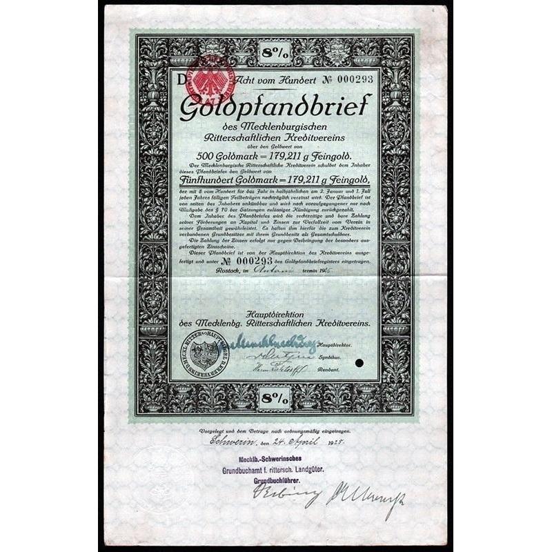 Goldpfandbrief des Mecklenburgischen Ritterlichen Kreditvereins Stock Certificate