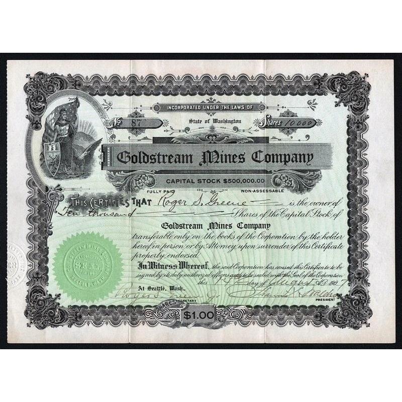Goldstream Mines Company Stock Certificate