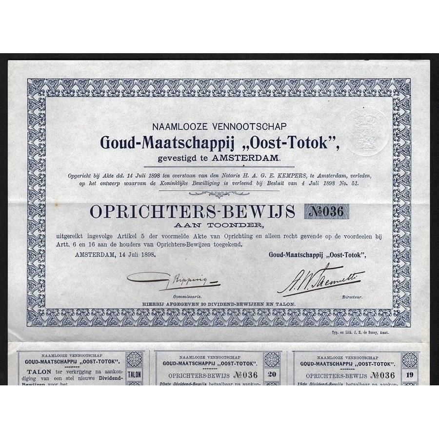 Goud-Maatschappij “Oost-Totok” Stock Certificate