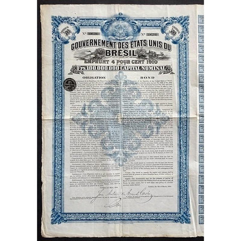 Gouvernement des Etats-Unis du Bresil, Emprunt 4 Pour Cent 1910 Stock Certificate