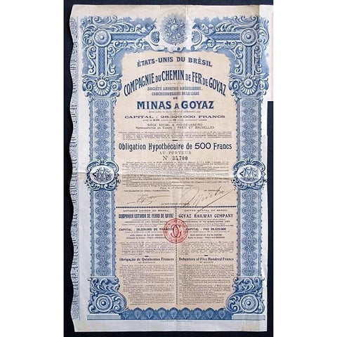 Goyaz Railway Company - Concessionnary of the Minas-Goyaz Line Stock Certificate