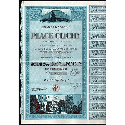 Grands Magasins de la Place Clichy Societe Anonyme Stock Certificate