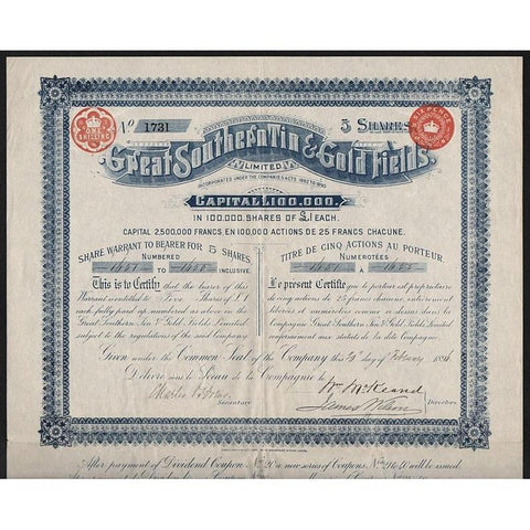 Great Southern Tin & Gold Fields, Limited Stock Certificate