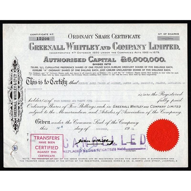 Greenall Whitley and Company Limited Stock Certificate