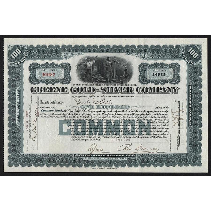 Greene Gold-Silver Company Stock Certificate