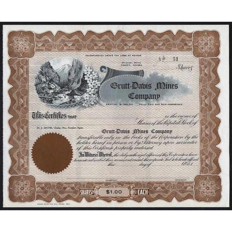 Grutt-Davis Mines Company Stock Certificate