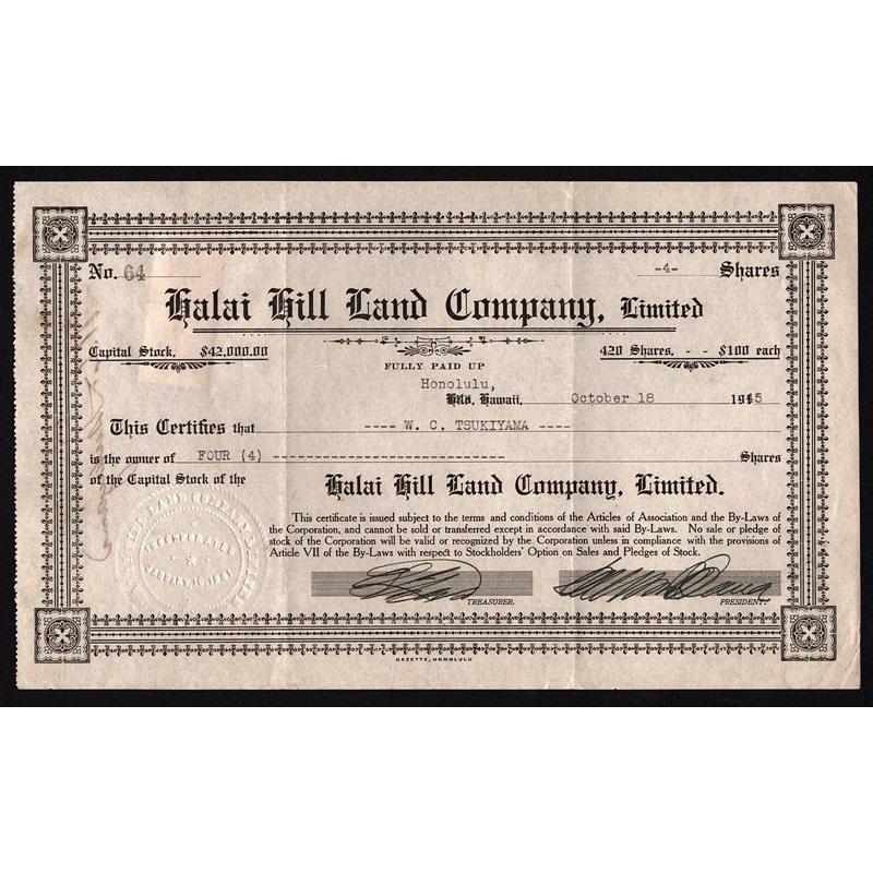 Halai Hill Land Company, Limited (Honolulu, Hawaii) Stock Certificate