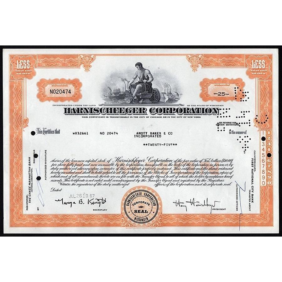 Harnischfeger Corporation Stock Certificate