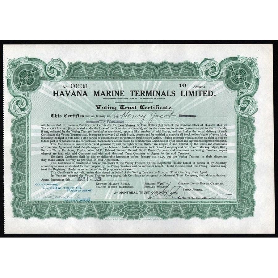 Havana Marine Terminals Stock Certificate