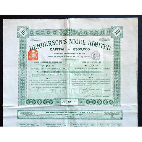 Henderson's Nigel Limited Stock Certificate