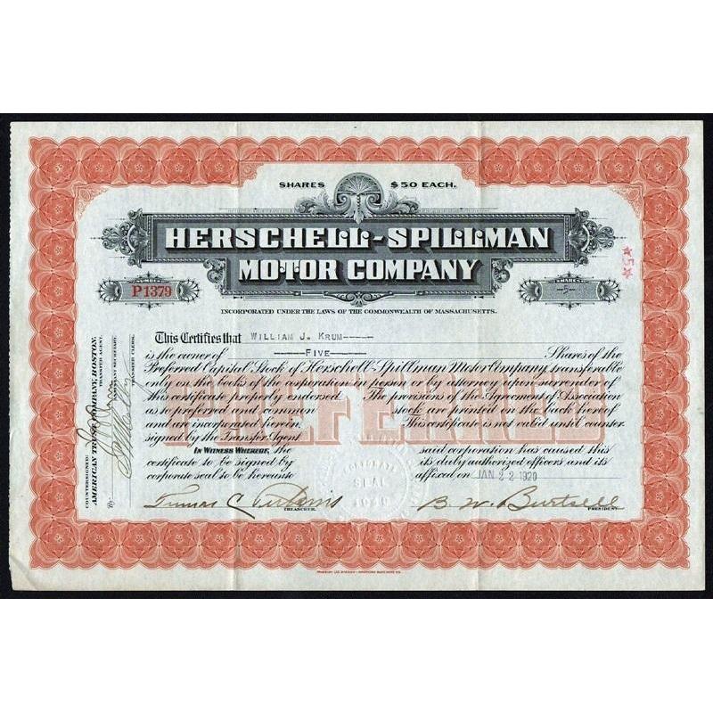 Herschell-Spillman Motor Company Stock Certificate