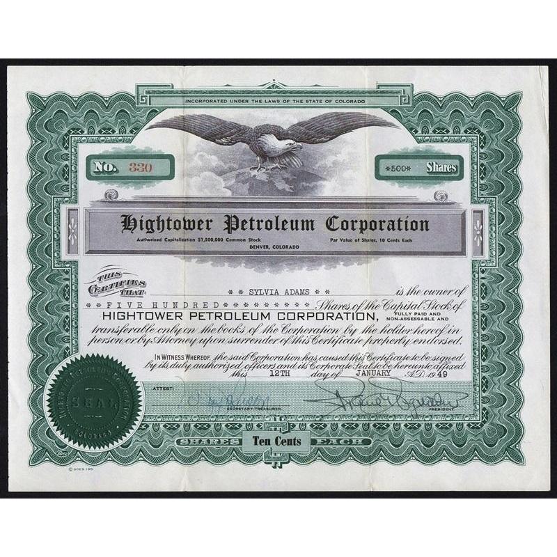 Hightower Petroleum Corporation 1949 Colorado Stock Certificate
