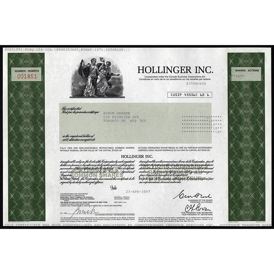 Hollinger Inc. (Conrad Black) Stock Certificate
