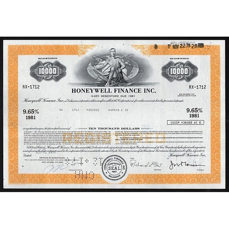 Honeywell Finance Inc., $10,000 Debenture Stock Certificate