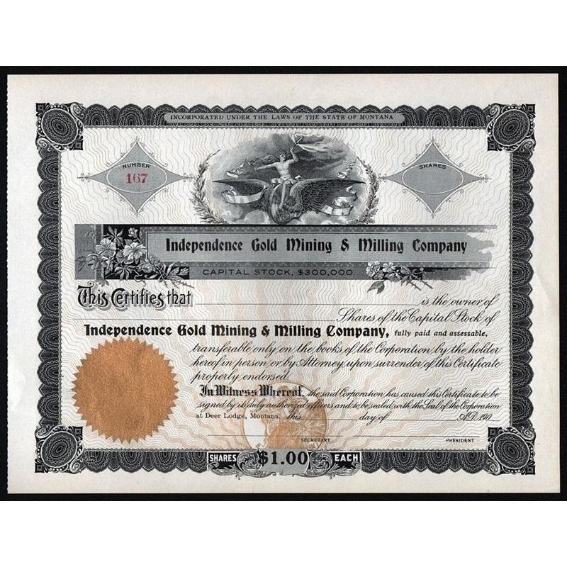 Independence Gold Mining & Milling Company Stock Certificate