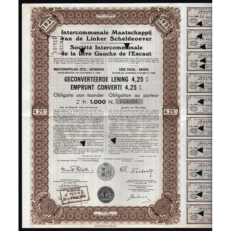 Intercommunale Maatschappij van de Linker Scheldeoever Stock Certificate