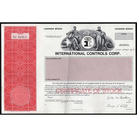 International Controls Corp. Stock Certificate