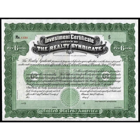 Investment Certificate issued by The Realty Syndicate Stock Certificate
