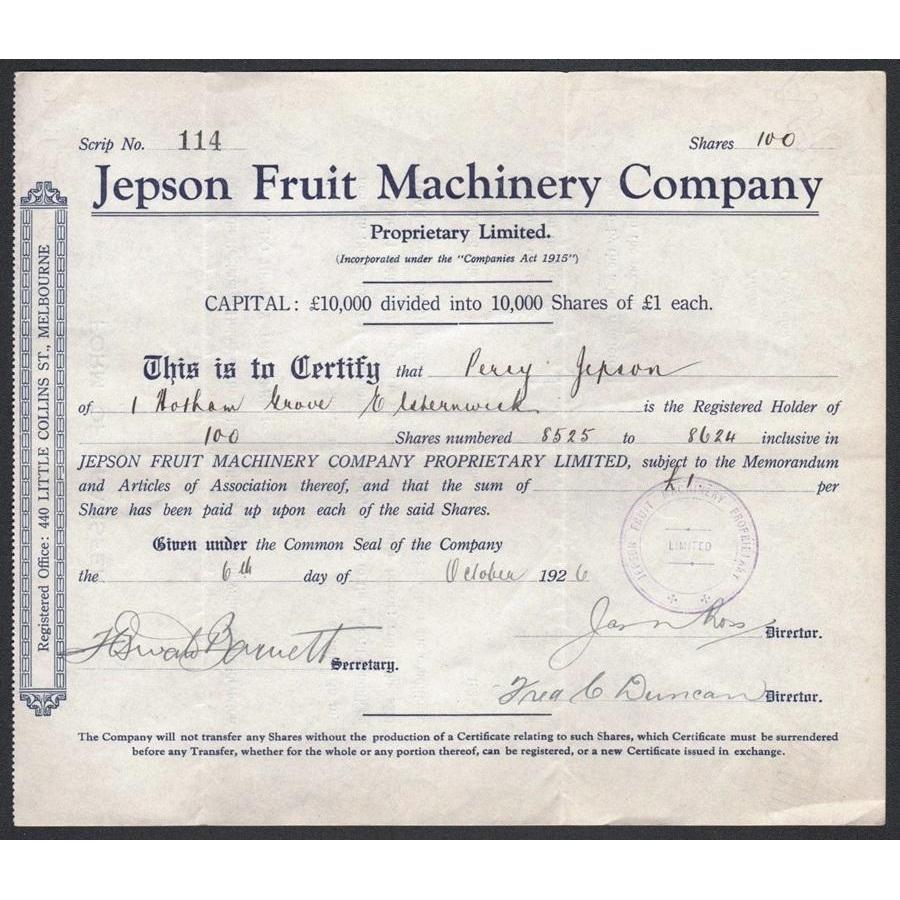 Jepson Fruit Machinery Company Proprietary Limited Stock Certificate