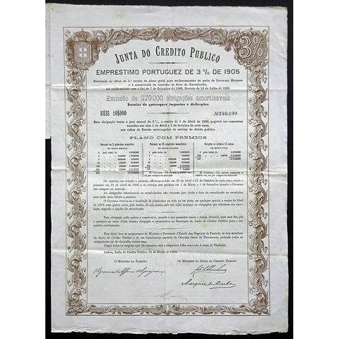 Junta do Credito Publico, Emprestimo Portuguez de 3% de 1905 Stock Certificate