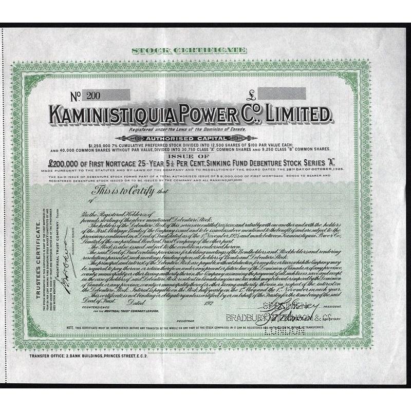 Kaministiquia Power Co., Limited (Specimen) Stock Certificate