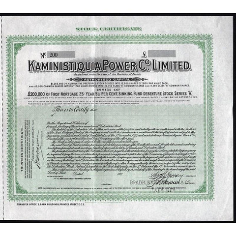 Kaministiquia Power Co., Limited (Specimen) Stock Certificate