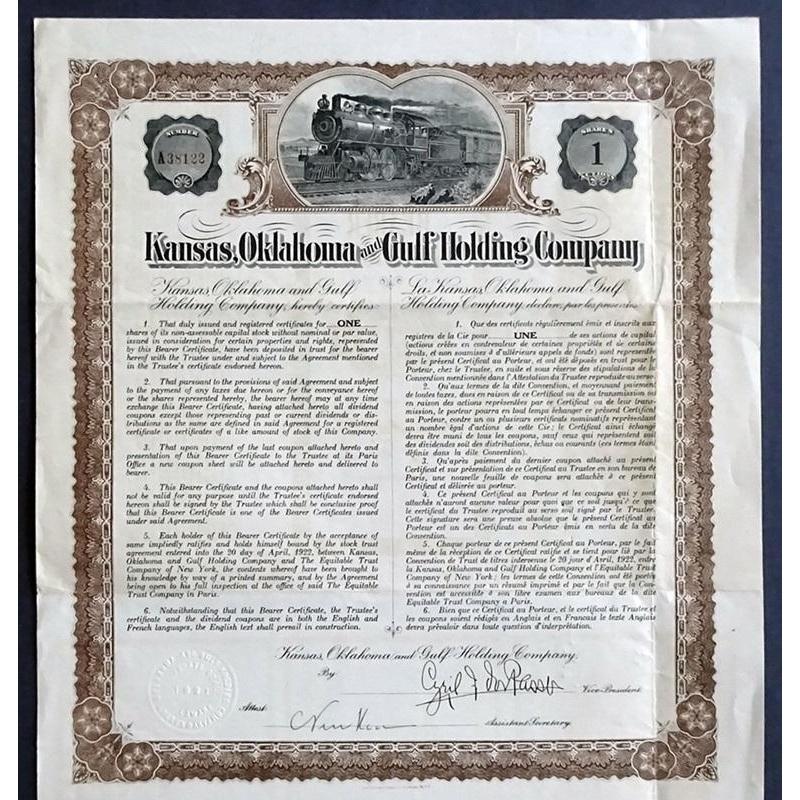 Kansas, Oklahoma and Gulf Holding Company Stock Certificate