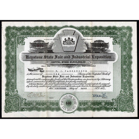 Keystone State Fair and Industrial Exhibition Stock Certificate