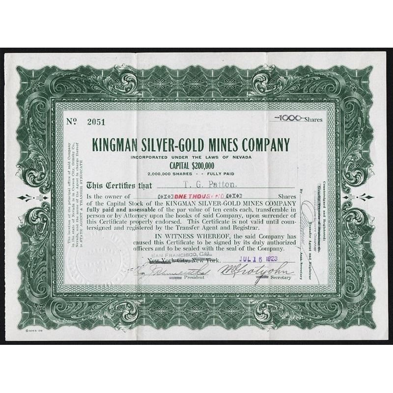 Kingman Silver-Gold Mines Company Stock Certificate