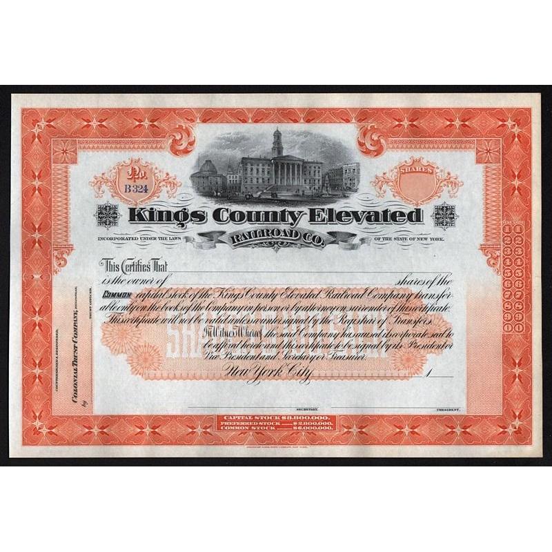 Kings County Elevated Railroad Co. Stock Certificate