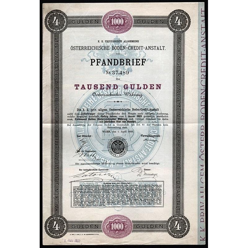 K.K. Privilegirte Allgemeine Österreichische Boden-Credit-Anstalt 1888 Austria Bond Certificate