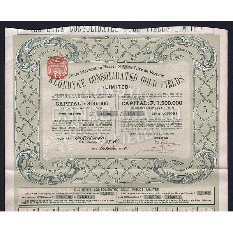 Klondyke Consolidated Gold Fields (Limited) 1904 Stock Certificate
