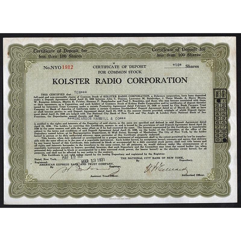 Kolster Radio Corporation Stock Certificate