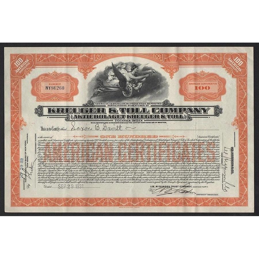 Kreuger & Toll Company / Aktiebolaget Kreuger & Toll 1931 Stock Certificate
