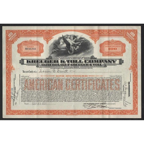 Kreuger & Toll Company / Aktiebolaget Kreuger & Toll 1931 Stock Certificate