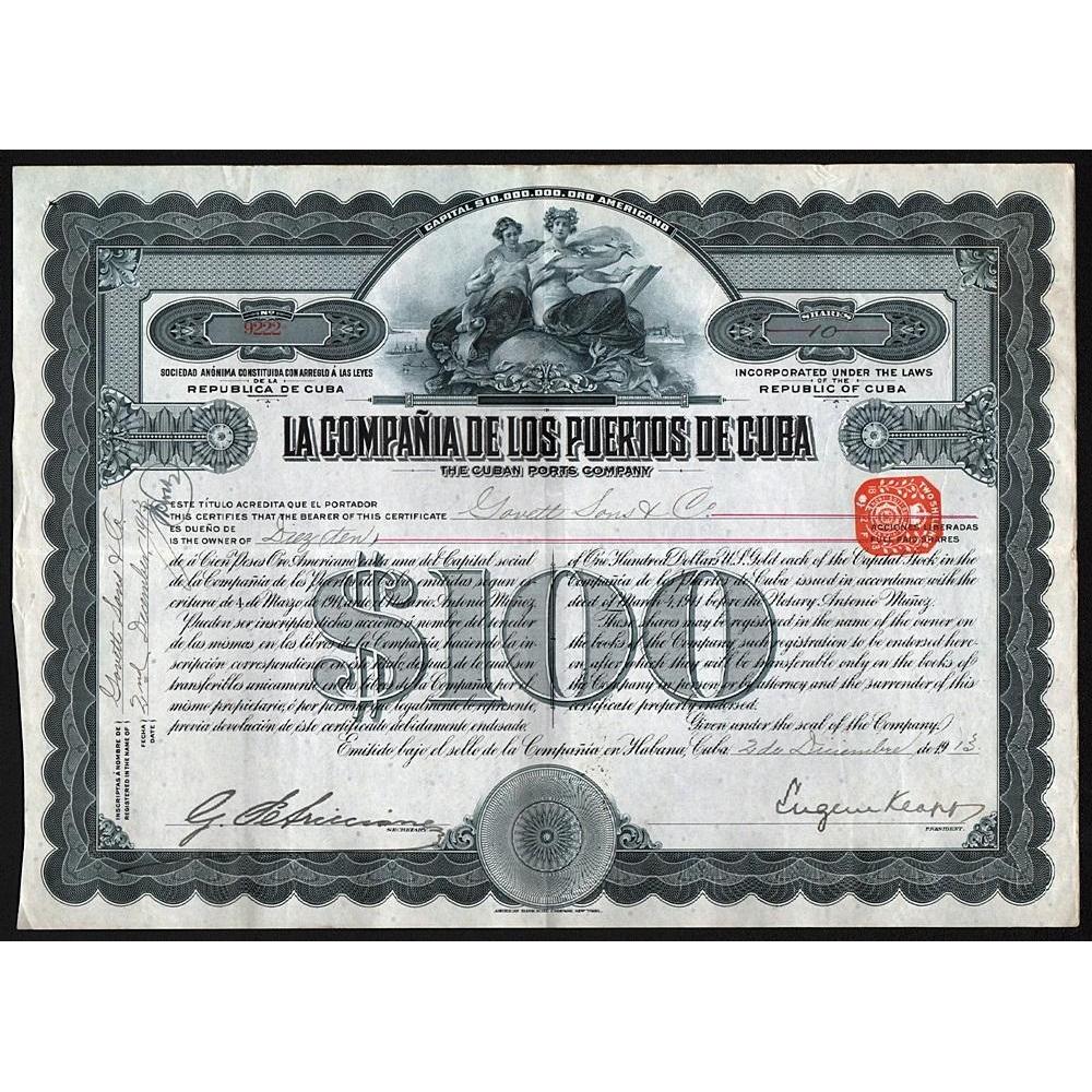 La Compania de los Puertos de Cuba (The Cuban Ports Company) Stock Certificate