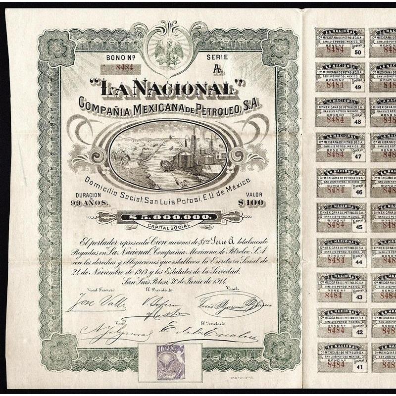 "La Nacional" Compania Mexicana de Petroleo, S.A. (San Luis Potosi) Stock Certificate