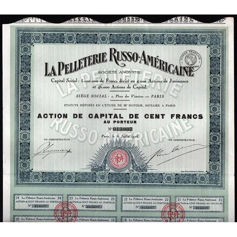 La Pelleterie Russo-Americaine Societe Anonyme (Fur Company) Stock Certificate